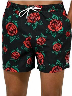 Empyre Ollie  Rose Print Swim Trunks Mesh Lined Pockets Skater Black Red XL